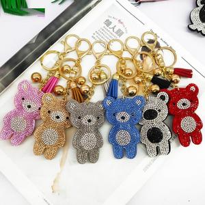 Charme de <span class=keywords><strong>sac</strong></span> mignon et doux en forme d'ours <span class=keywords><strong>rose</strong></span> et bleu, porte-clés pour femmes, alliage, strass, animal, couleur or, pompon, porte-clés - Product Image 1