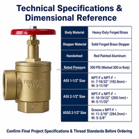 Katup Selang Pemadam Kebakaran Kuningan Tempa 300 PSI Pola Sudut, Inlet Alur NPT Betina 1.5" 2.5", Outlet Pemadam Kebakaran