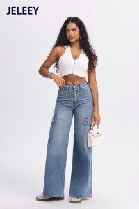 Jean cargo pour femme à taille haute, coupe ample et jambe droite - Style confortable et polyvalent - Product Image 3