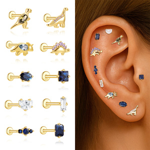 Piercing de cartilage en argent S925 plaqué or 18 carats avec pierres CZ colorées amusantes en forme de dinosaure pour hélix à dos plat - Product Image 3