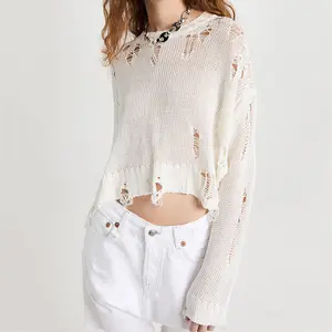 Custom knit sweater y2k women Hollow out crop top ladies Shredded knitted washed distressed sweater women pullover jumper