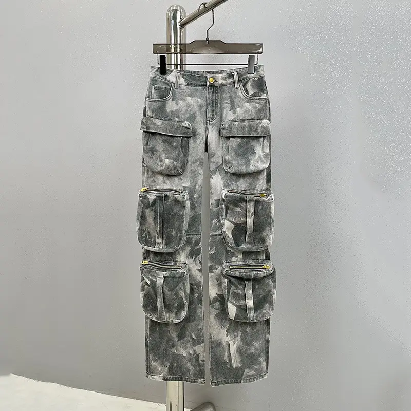 بنطلون نسائي فضفاض بجيوب ثلاثية الأبعاد من Y2k, سروال نسائي فضفاض من قماش الدنيم يصلح للارتداء في فصل الربيع ، سروال حمولة واسع بستة جيوب للنساء