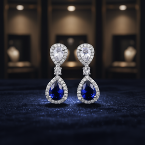 Orecchini di Lusso con Cristalli Naturali a Goccia Blu, Montatura in Argento 925, Orecchini Pendenti da Sposa per Donna - Product Image 2