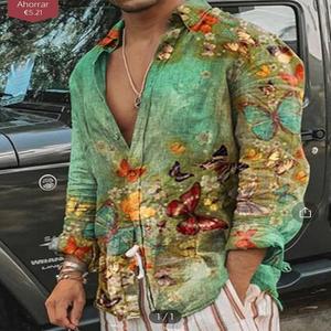 Camisas Casuales de Manga Larga con Cuello Mao para Hombre, Antiarrugas, Popelina, Estampado por Descarga, Transpirables, 100% Algodón - Product Image 1