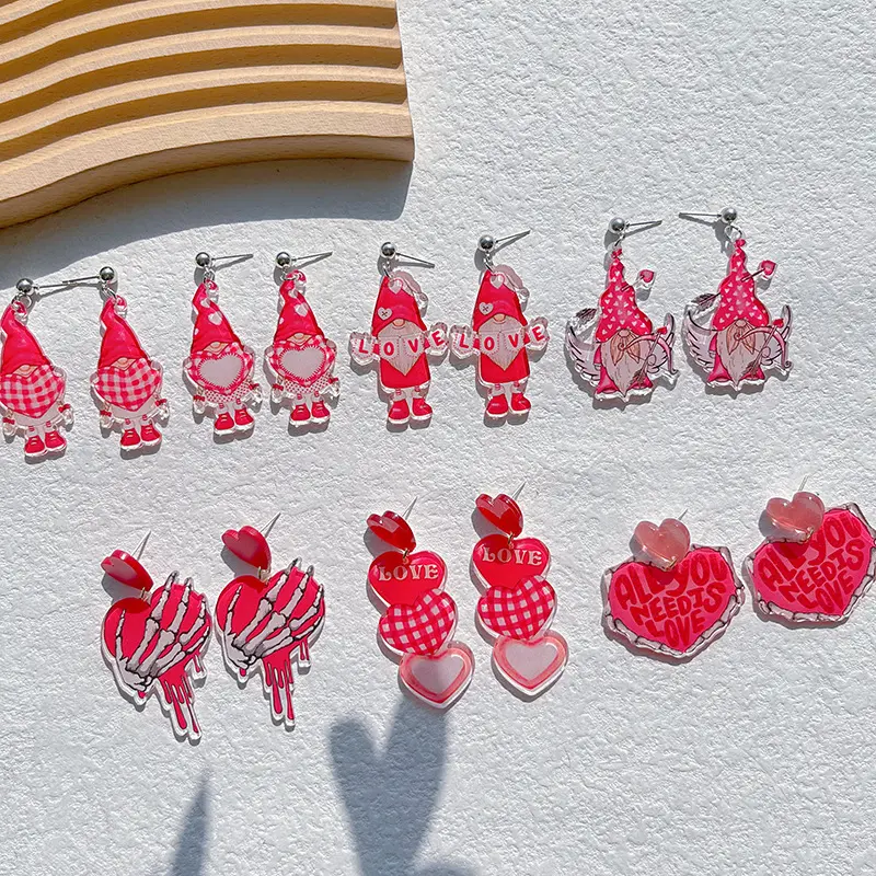 New Acrylic Valentine Horror Earrings Romantic Pink Love Envelope Faceless Old Man Stylish Acrylic Heart Earrings 2024