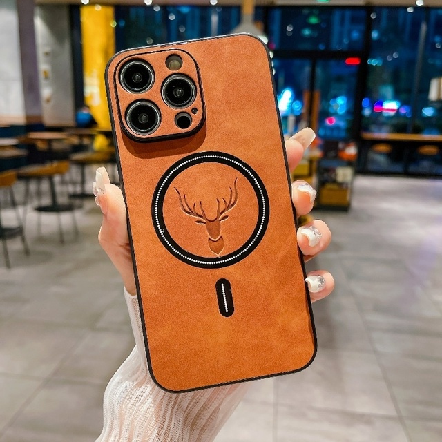 Luxury Matte Leather Deer Pattern Phone Case for iPhone18 17 15 14 13 12 Pro Max Magnetic Wireless Charge Shockproof Back Cover