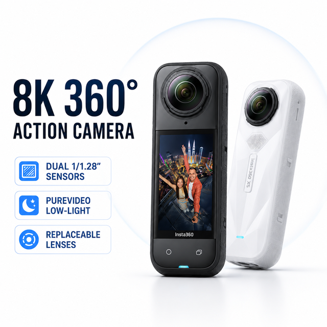 8K 360 Degree Panoramic Action Camera with Dual Sensors Replaceable Lenses and Low Light Video Recording