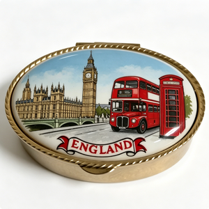 Caja de Recuerdos de Inglaterra con Diseño de Big Ben, Autobús Rojo y Cabina Telefónica, Tapa Redonda Pintada de Latón Chapado en Oro - Product Image 1