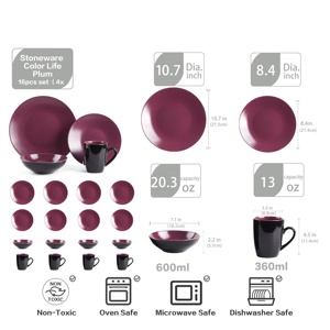16 Pc Plum Elegant Stoneware Set Popular Hot Selling Kitchen Bowls Plates Ceramic Coffee Mug <b>Dinnerware</b> Sets for 4 People Use - Product Image 2