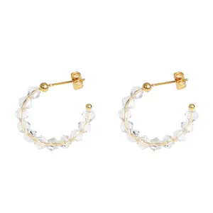 Fashion 18K Gold Plated Stainless Steel Jewelry Transparent Clear Glass Stone Crystal Beads Hoop Earrings For Women Ladies 2023