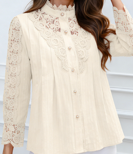 Blusa de Manga Larga de Punto Sólido con Encaje, Nueva Colección Primavera/Verano 2026 para Mujer, en Existencia, Almacén en EE. UU. - Product Image 1