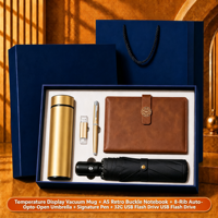 Coffret Cadeau d'Affaires 5 Pièces : Carnet en Cuir PU A5, Stylo Signature, Clé USB, Tasse Thermos, Parapluie Automatique, Logo Personnalisé
