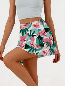Minifalda skater con estampado tropical de flamencos y hojas para mujer - Cintura alta, silueta fluida en forma de A, ideal para salidas en climas cálidos - Product Image 4
