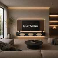 Meuble TV mural incurvé Japandi Cinewall noir avec portes en relief 3D et panneau mural rétroéclairé LED moderne
