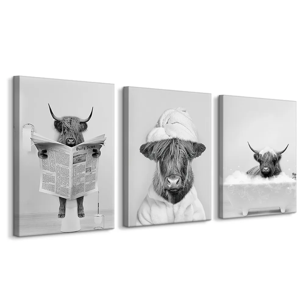 Funny Highland Cow Bathroom Wall Art black and White Canvas Wall Art Farmhouse Bathroom Wall Decor Set of 3 Unframed