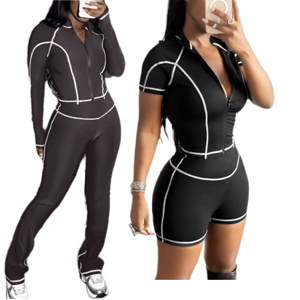 Women's <b>Black</b> Skinny 2 Piece Set Zip up <b>Long</b> <b>Sleeve</b> Short <b>Top</b> and Pants Outfit Spring Casual Sportswear Eco-Friendly - Product Image 1
