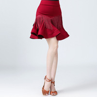 Moins cher robe de danse latine couleur rouge arête de poisson jupe à franges pratique et scène effectuer gland danse porter vêtements jupe de danse