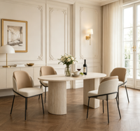 Juego de Mesa de Comedor con Base de Hierro y MDF, Muebles de Comedor para Hogar y Restaurante al por Mayor, Sillas de Comedor Tapizadas en Dos Tonos, Estilo Europeo