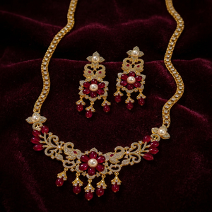 Luxury Brass <b>Ruby</b> Floral <b>Necklace</b> Set With Pearl Accents Traditional Indian Bridal Gold Plated Choker Jewelry For Women - Product Image 1