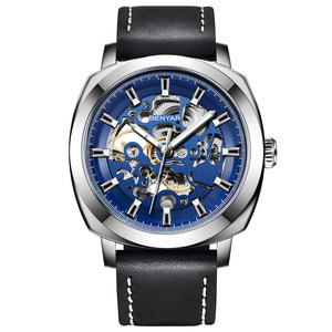Reloj mecánico Benyar para hombre, esfera esqueleto, caja luminosa de acero inoxidable, correa de cuero negra, resistente al agua hasta 30M - Product Image 5