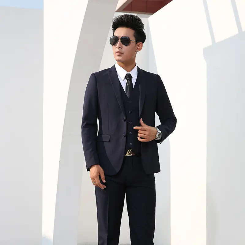 Men'S Suit Business Jacket Vest Trousers Three-Piece Suit Tailored Business Suit Black Grey Dark Blue