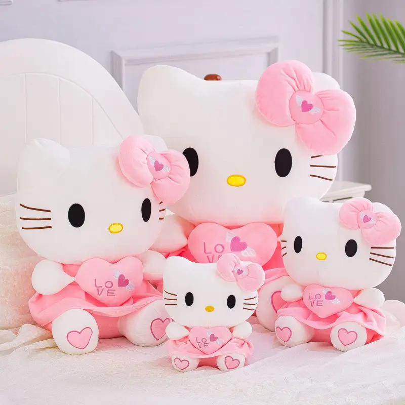 HL New Wholesale Sanrios Pink Dressed HK Cat Hugging Heart Stuffed Animal Plush S Kawaii Squishy Rag Doll For Valentines' Gift