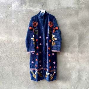 <b>Navy</b> Blue Velvet Long <b>Coat</b> <b>Women</b> Mandarin Collar Open Stitch Hand Embroidered Floral <b>Winter</b> Jacket - Product Image 1