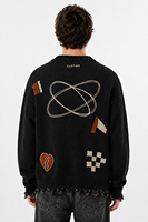 Cardigan en tricot épais noir pour homme, col en V, boutons, broderie de lettres graffiti, patchwork, effet usé, style grunge streetwear