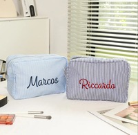 Sac de toilette en toile rayée avec logo brodé personnalisé Qetesh, grande capacité pour femmes, trousse de maquillage de voyage, étui de toilette personnalisé