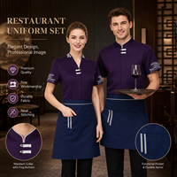 Uniforme de serveur à col mandarin chinois à manches courtes avec tablier assorti, tenue de service élégante pour restaurant chinois haut de gamme