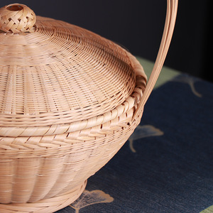 Handmade Bamboo Round Basket With Lid Kitchen Food Storage Container <b>Standing</b> Type Woven Basket For <b>Vegetable</b> Fruit Egg - Product Image 3
