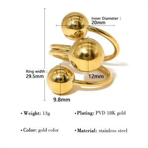 Produits en promotion : Bague manchette ajustable en acier inoxydable plaqué or, étanche, avec breloques perles rondes - Product Image 3