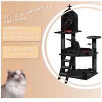 Tour à chat en bois gothique noir, lit en forme de cercueil, condo, poteaux à gratter, boule d'araignée, meubles à plusieurs niveaux, arbre à chat pour Halloween et Noël
