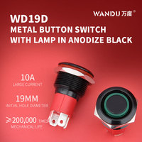 Saklar Tombol Tekan Logam Hitam Aluminium Oksida 19mm Arus Tinggi 15A dengan LED, Saklar Tombol Tekan dengan Kunci/Reset