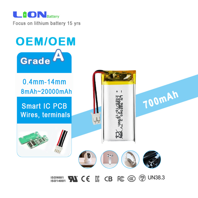 High Quality LN Rechargeable Pouch Liquid Battery 3.7V 700mAh 902040 with PCM and Connector KC UL6142 Certified