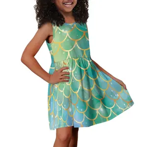 Özel Logo Mermaid tarzı baskı küçük kızlar yaz elbisesi tankı yeşil altın hafif diz boyu etek yaş 3-14 yıl yürümeye başlayan