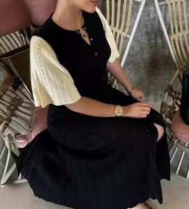 Vestido midi <span class=keywords><strong>de</strong></span> punto con cuello redondo, <span class=keywords><strong>manga</strong></span> <span class=keywords><strong>corta</strong></span>, ajuste ceñido, transpirable, con botones frontales, dobladillo plisado y cintura elástica para uso diario informal. - Product Image 5