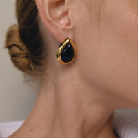 Boucles d'oreilles pendantes en acier inoxydable 316L plaqué or 18 carats avec coquillage naturel, œil de tigre et onyx noir, style vintage pour femme