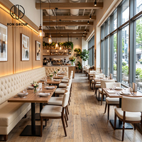 Ensemble de mobilier de restaurant élégant Ron Group : Table carrée en bois, chaise en cuir, banquette capitonnée