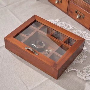 Solid Wood Jewelry <b>Box</b> Grid Storage Desktop Organizer With Glass Lid For <b>Earrings</b> Bracelets Watches Dark Brown Rectangle - Product Image 4