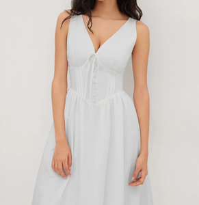 Elegante Abito <span class=keywords><strong>Midi</strong></span> <span class=keywords><strong>Bianco</strong></span> in Stile Francese, <span class=keywords><strong>Vestito</strong></span> da Donna con Scollo a V, Allacciatura Frontale, Bottoni, Vita Arricciata, Linea ad A, per Matrimoni e Feste - Product Image 3