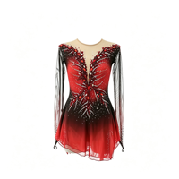 Robe de patinage artistique dégradé rouge et noir, dos en V profond, manches longues en maille, ornée de strass, pour enfants et adultes, pour compétition et performance