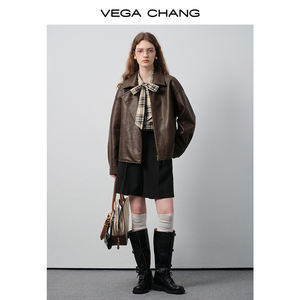 جاكيت جلد صناعي متين من VEGA CHANG بني مع سحاب إغلاق جاكيت جلد مريح ناعم الملمس للخريف والربيع - Product Image 3