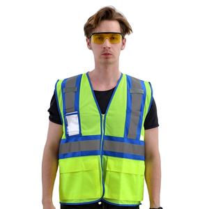 เสื้อกั๊กนิรภัยตาข่ายสองโทนสะท้อนแสงสีฟ้าสีเหลืองพร้อมกระเป๋าชุดทำงานเทปสะท้อนแสง - Product Image 1