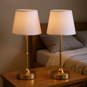 Lot de 2 lampes de table sans fil, base en métal doré, abat-jour en tissu blanc, éclairage LED alimenté par batterie pour chambre à coucher - Product Image 2