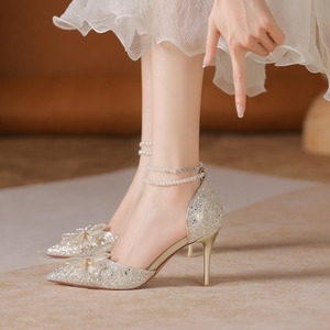 6692-19 Pearl Chain Beaded Bow Heels Graduation Party Shoes PU Leather Exquisite Luxury Adult Ceremony - Product Image 1