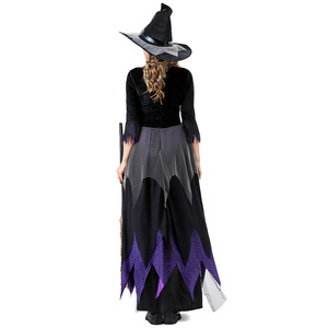 Ensemble de costume de sorcière d'Halloween avec fleurs tombant dans les nuages, robe noire et violette, chapeau - Product Image 4