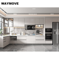 WAYMOVE Ensemble d'îlots de cuisine modernes Évier en verre noir Armoires en bois MDF PVC Porte Tiroir Glissière Robinet Dosseret Marbre