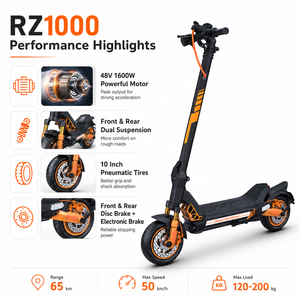 Trottinette électrique tout-terrain pliable RZ1000 1600W pour adultes, 48V 24Ah, 50 km/h, autonomie de 65 km, double suspension, pneus de 10 pouces - Product Image 6