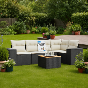 Ensemble de canapés de jardin noir et crème avec coussins en mousse haute densité en rotin PE résistant aux UV, design contemporain - Product Image 2